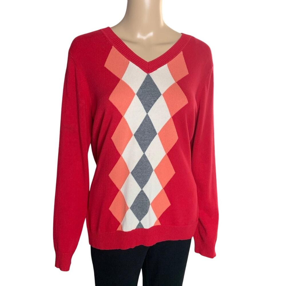 Van Heusen Women's Size Large V-Neck Sweater Pullover Argyle Red Long Sleeve